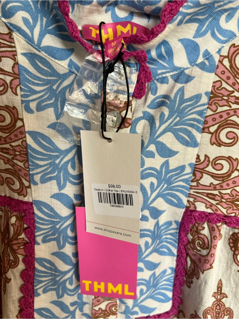 THML Collier Cream Blouse with Blue Floral and Pink Trim. Sz M NWT - Picture 4 of 10